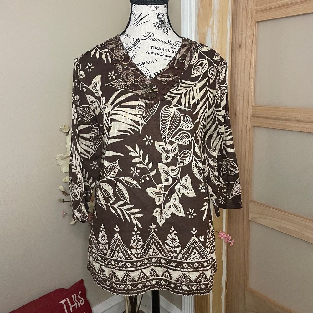Alfred Dunner Cotton Blouse Brown Floral Size 8P